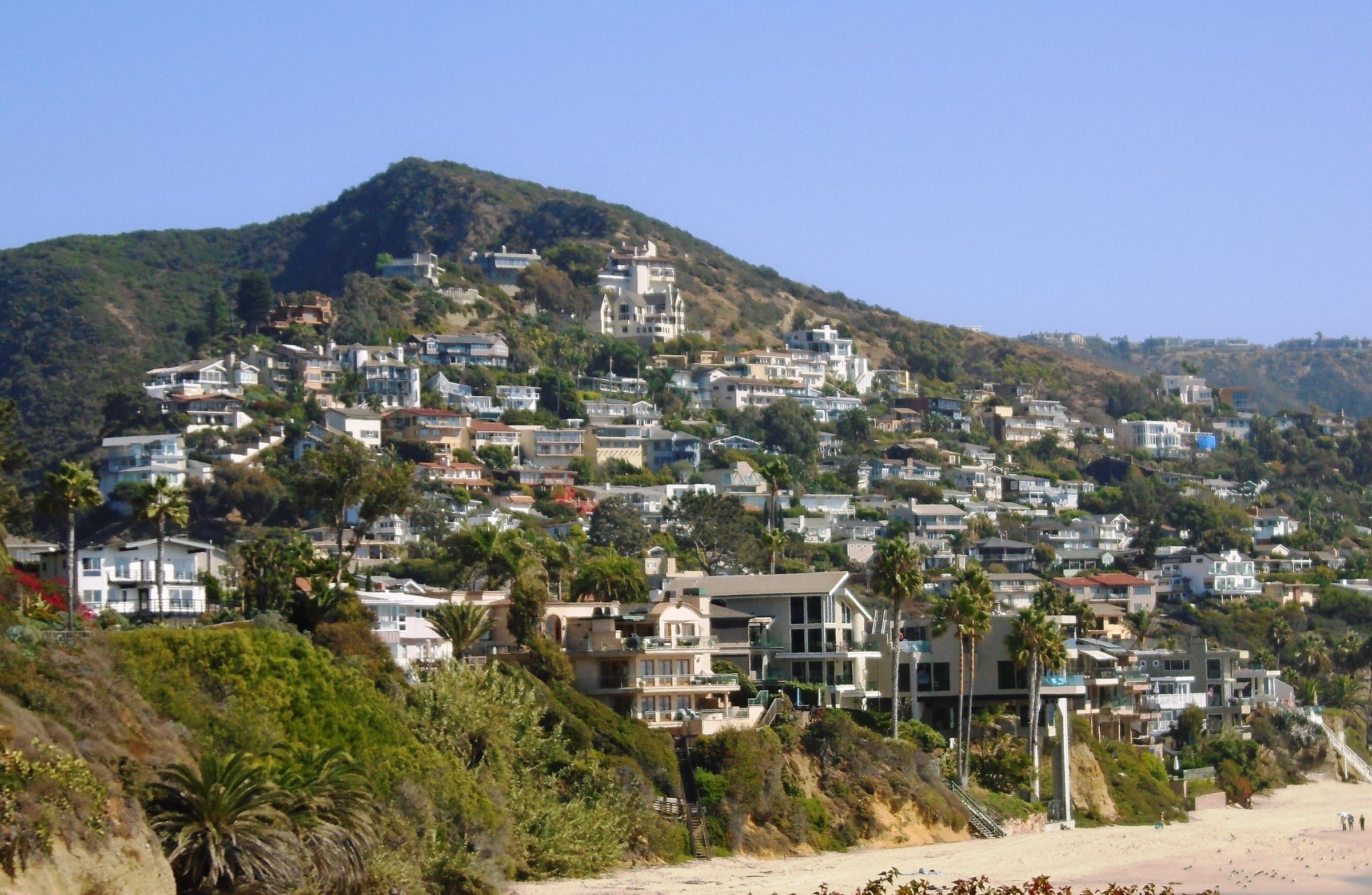 Hillside houses among trees above a beach in south Laguna Beach