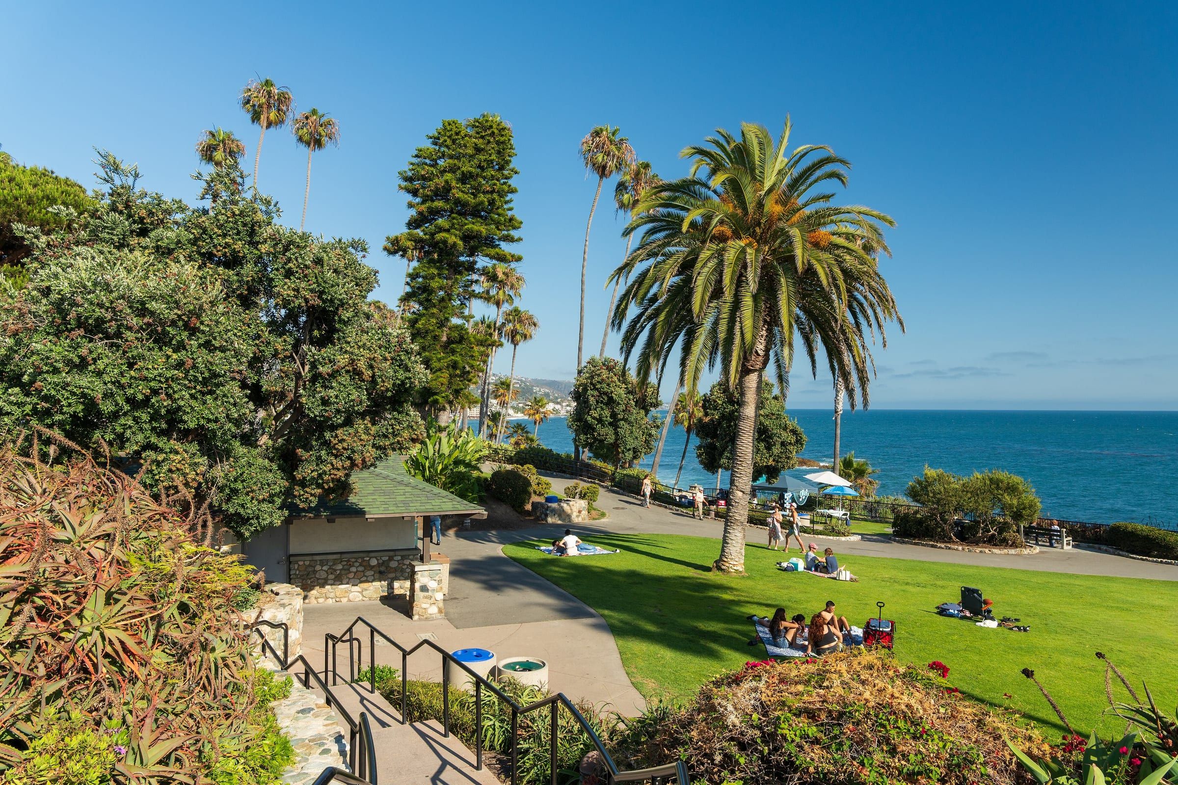 Heisler Park in Laguna Beach: a lawn with palm trees above the Pacific, photographed in June 2026