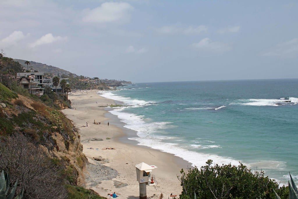 Treasure Island Beach with a lifeguard tower and the coast beyond